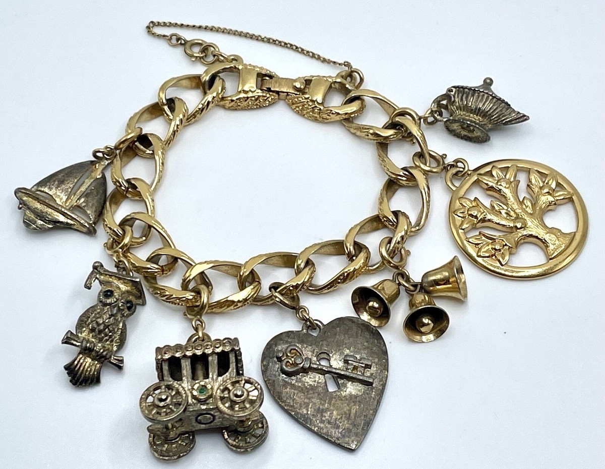 Vintage Monet Charm Bracelet Chunky 1960's Gold Plated Link