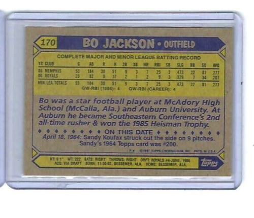 1987 Topps #170 Bo Jackson Kansas City Royals RC Rookie Karte #170 - Bild 2 von 2