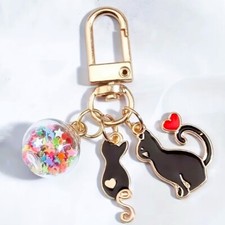 Cat Keychain Cute Cartoon Heart Star Keyring Purse Car Phone Pendant Charm Black