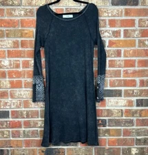 Able Stone Washed Waffle Knit Black Long Sleeve Dress Womens Small