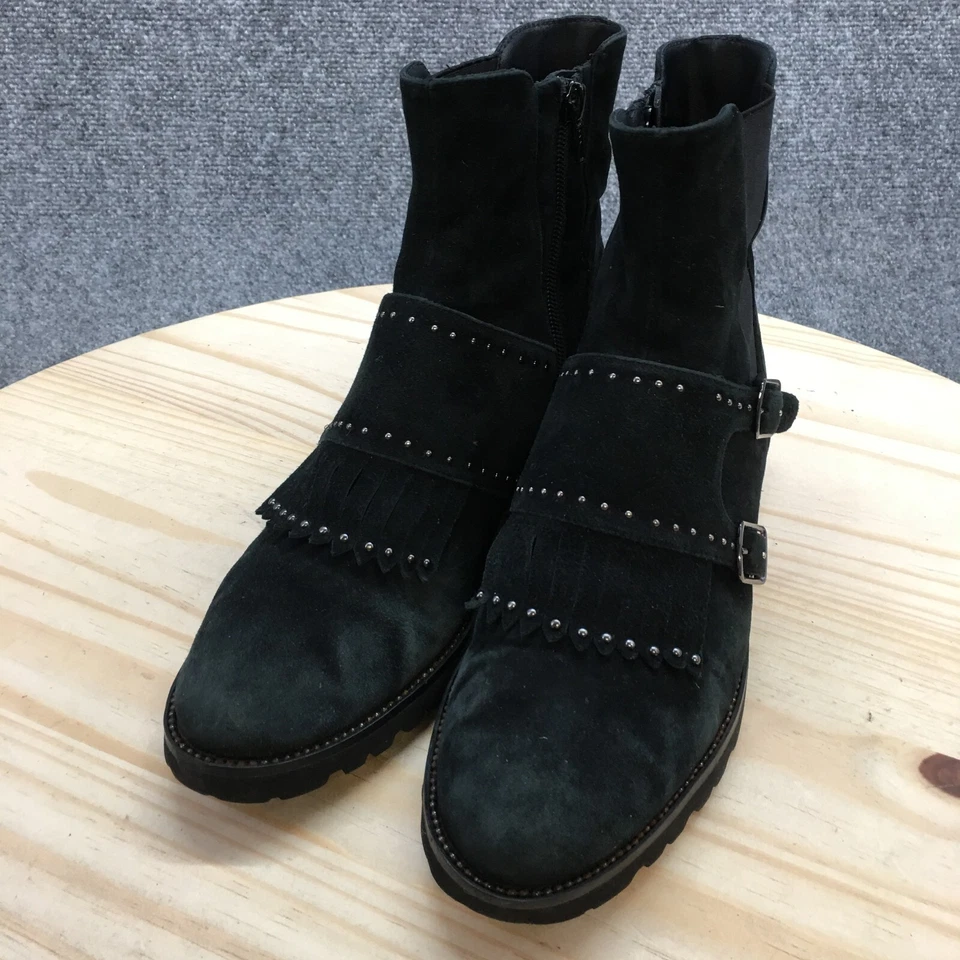 Botas Van Eli para mujer 8 M Chelsea flecos hebilla cremallera lateral botín al tobillo gamuza negra Foto 3 de 4
