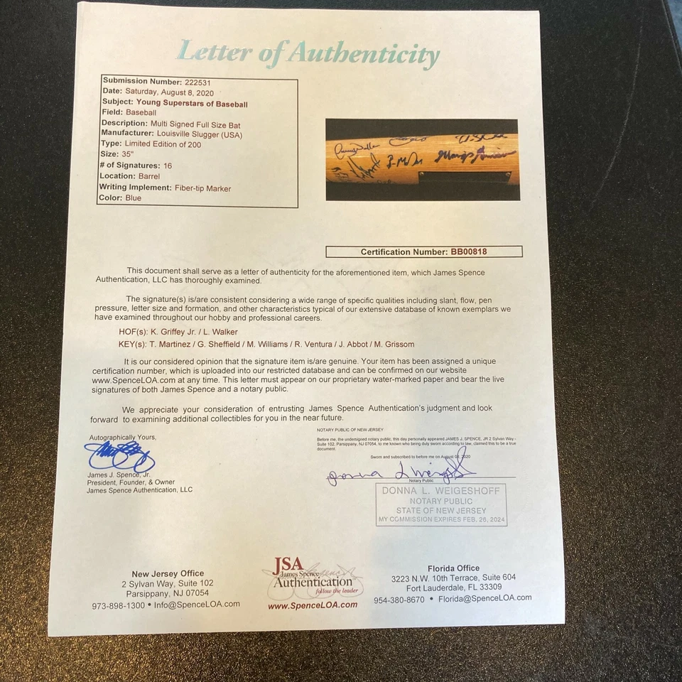 1989 Ken Griffey Jr Larry Walker Young Superstars Signed Bat 15 Sigs JSA COA - Image 2 of 4