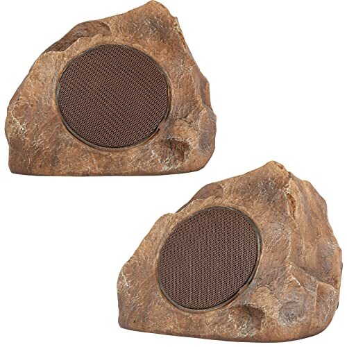 Homewell Outdoor Rock Speaker Solar-Powered Wireless Bluetooth 5.0 Portable Speaker Weatherproof for Patio, Pool, Deck, Yard, Garden and Home (Brown, 2-Pack)