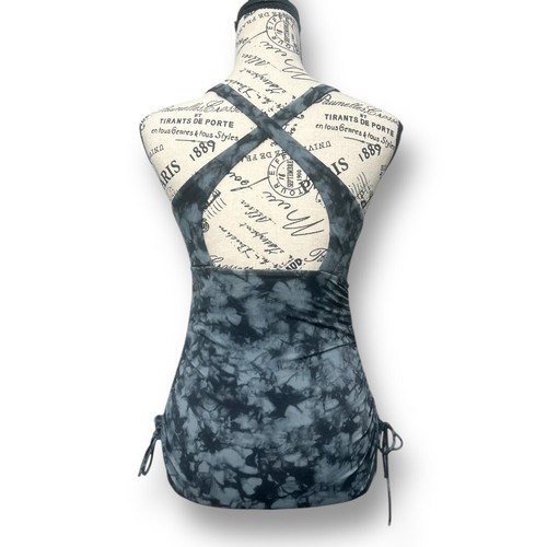 Athleta XS Black Gray Tie Dye Swim Tankini Top Ruched Crossback Rash Guard - Picture 5 of 7