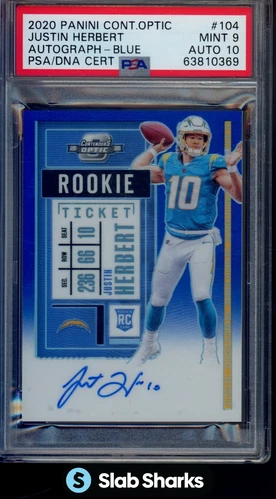 2020 PANINI CONTENDERS OPTIC JUSTIN HERBERT BLUE ROOKIE TICKET AUTO 10 /75 PSA 9