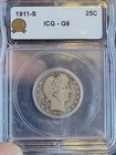 1911s 25c barber silver quarter dollar ICG Good 6