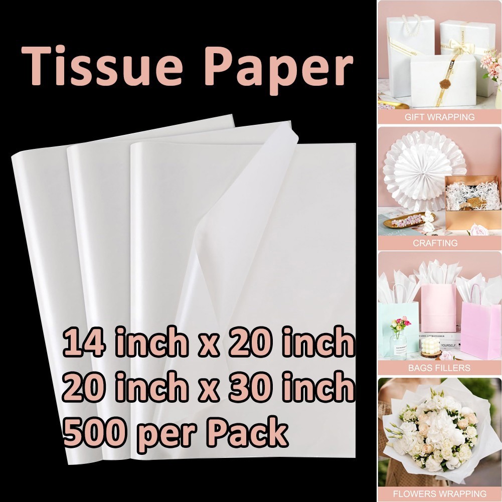 500 Sheets White Tissue Paper Bulk 14"x20" 20"x30" Acid-Free Wrapping Void Fill