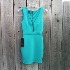 Bebe Deep V Club Dress XS Vibrant Turquoise Hue Stretch Scuba-Style Fabric Zip