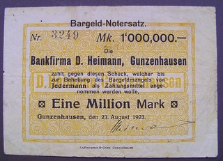 318) Gunzenhausen Bankfirma D. Heimann ★★★ 1 Million Mark 23. Aug. 1923 ★★★