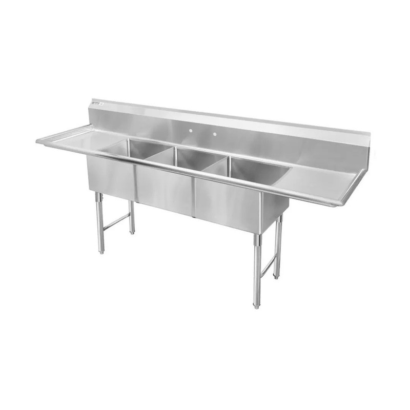 76" Three Compartment Sink, 15"W x 15"L Bowl With 2 Drainboards
