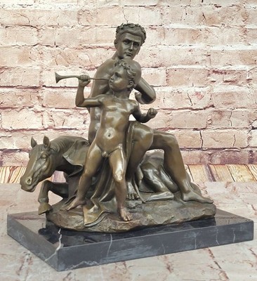 Signed French Artist Barye Roman Gladiator Sitting on Horse Bronze Sculpture Art
