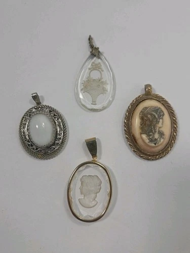 Vintage Costume Jewelry Glass Lucite Reversed Carved Cameo Pendants Lot Of 4