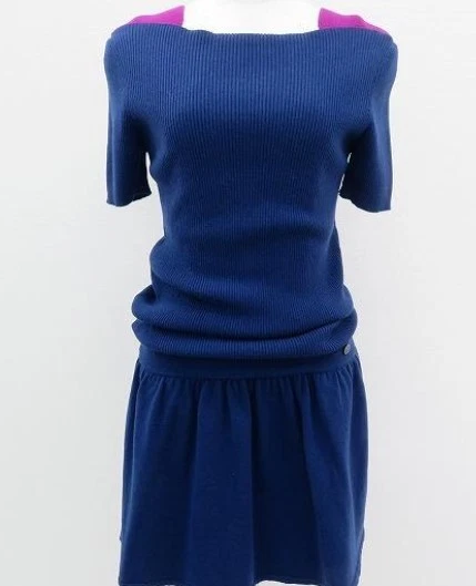 CHANEL Autentico Abito Manica Corta Blu × Viola Lana Cashmere Maglia a Costine Tg 36