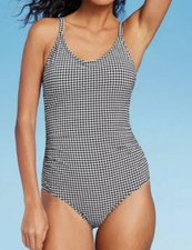 NEW Kona Sol Textured Gingham Ruched One Piece Swimsuit Size Large