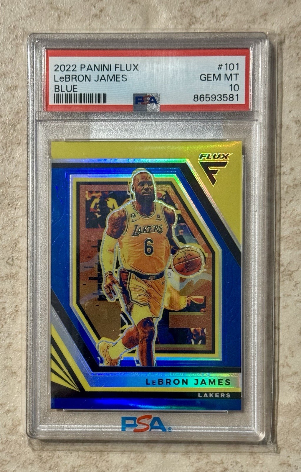 2022-23 PANINI FLUX #101 LeBRON JAMES BLUE PRIZM #d/99, LAKERS - PSA 10