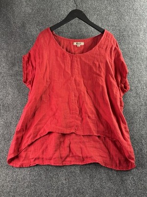FLAX 100% Linen Pullover Top M  Red Textured Weave Lagenlook High Low Hem
