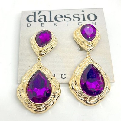 Vintage D ALESSIO BAROQUE Purple Teardrop Gold Tone Clip Earrings 80s Deadstock