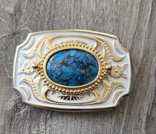 Vintage Gold Tone / White Enamel / Blue Stone / Western USA Belt Buckle NWOT