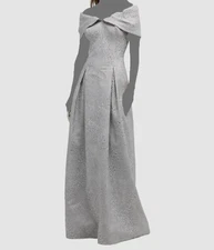 $760 Rickie Freeman for Teri Jon Women's Silver Pleated Jacquard Gown Dress 12