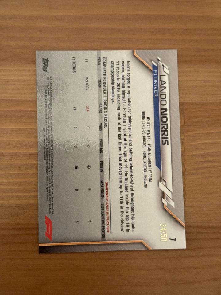 2020 Topps Chrome F1 Lando Norris Sapphire Gold Refractor /50 McLaren - Image 2 of 2