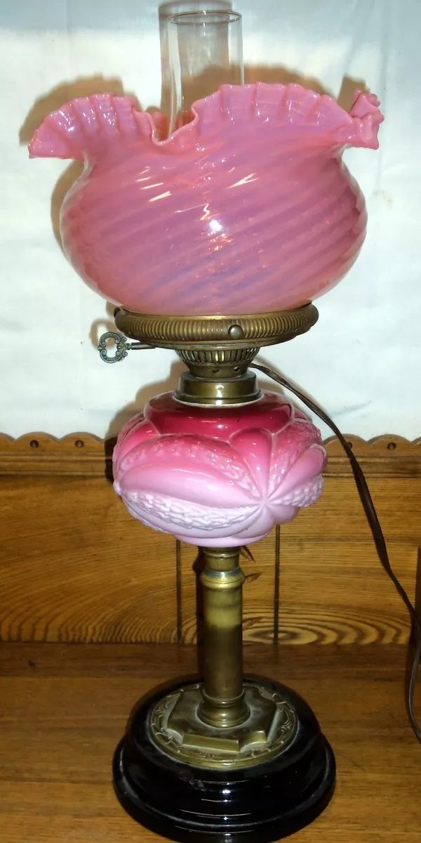 Antique Cranberry Glass Electrified Kerosene Lamp