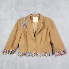 Womens Blazer Jacket Size Medium Brown Boho Style Tweed Floral Embroidery Trim