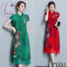 Women Silk Satins Floral Cheongsam Retro Chinese Qipao Dress A Line Ao Dai Dress