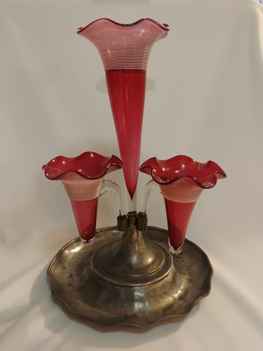 Cranberry Glass Epergne Pewter Metal Base 3 Horns