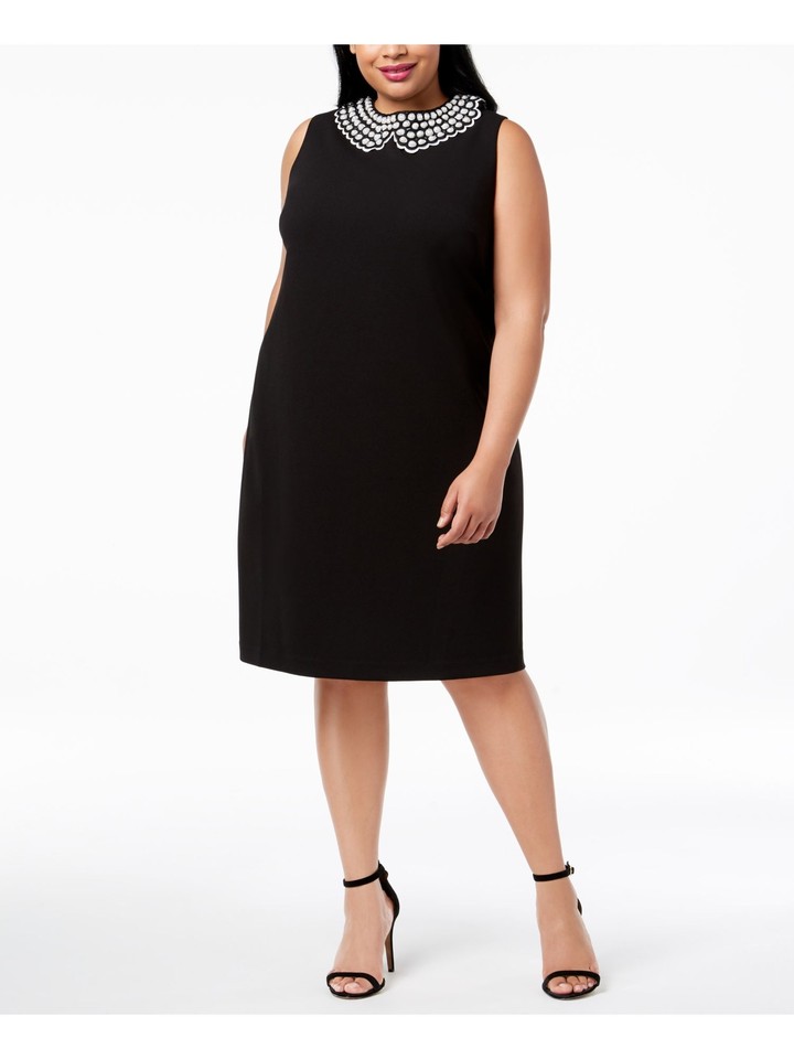 BETSEY JOHNSON Womens Black Imitation Pearl Sleeveless Shift Dress Plus