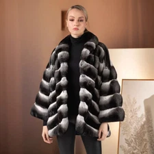 Luxury Women's Chinchilla Genuine Rex Rabbit Fur Coat Winter Warm Jacket Outwear