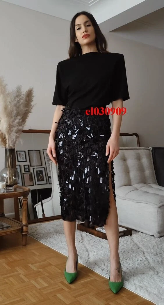 Black knee length sequin cheap skirt