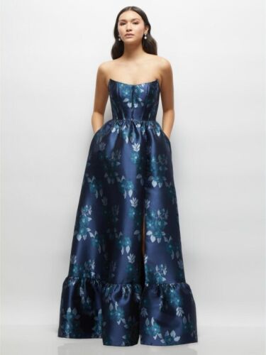 Dessy Collection Midnight Navy Damask Strapless Floral Gown Size 18 $315 3152BRD