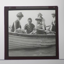 MAGIC LANTERN SLIDE VICTORIAN BATHER SWIMMING SEA IN BOAT