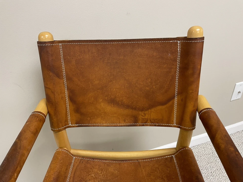 Silla de cuero marrón vintage escandinava Artek Safari madera de abedul Ben af Schulten Foto 3 de 4