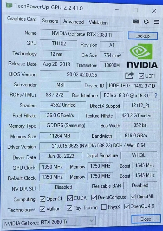 RTX 2080 Ti MSI Geforce Aero 11GB GDDR6 Graphics Card nvidia - Image 3 of 4