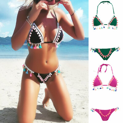 Women's Bikini Two Piece Triangle Pom Poms Tassels TOOCOOL DY81092