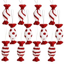 Christmas Red and White Glitter 12 Pack Sweet Tree Hanging Decorations