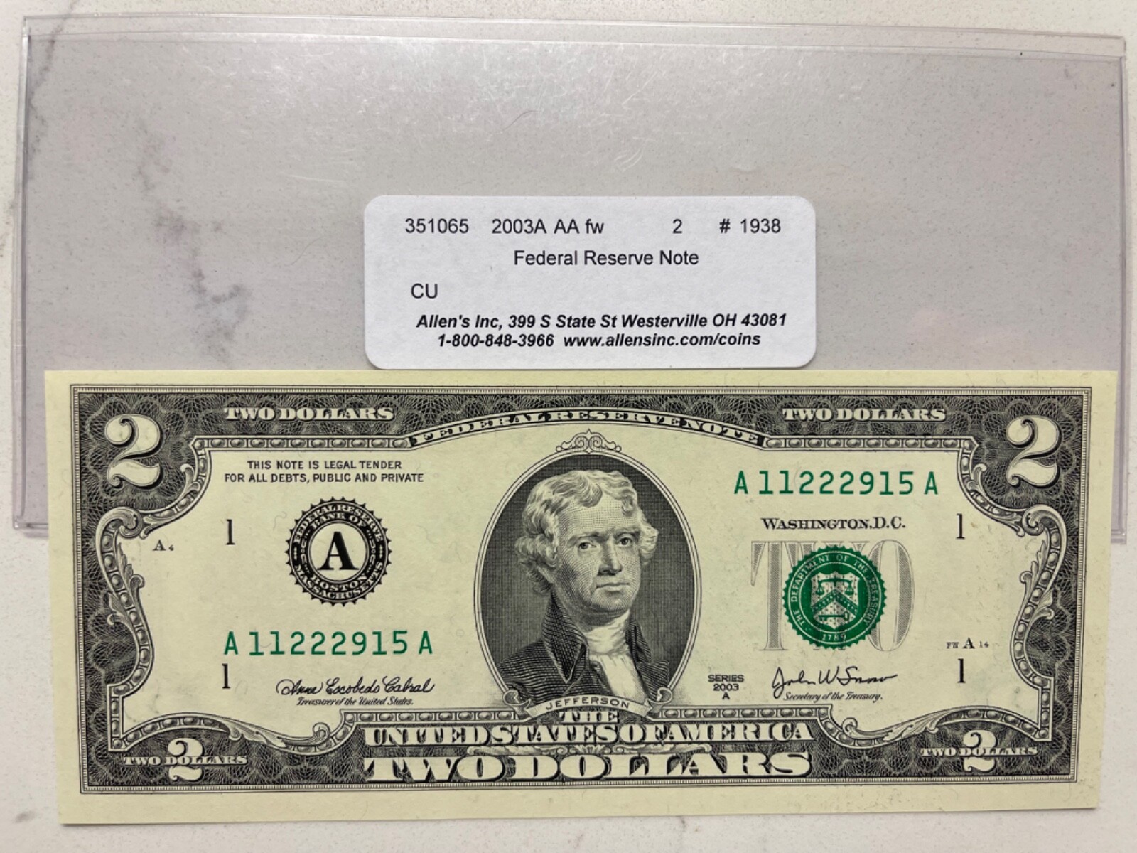 Uncirculated 2003 - $2 Two Dollar Bill Rare Series A unique serial ...