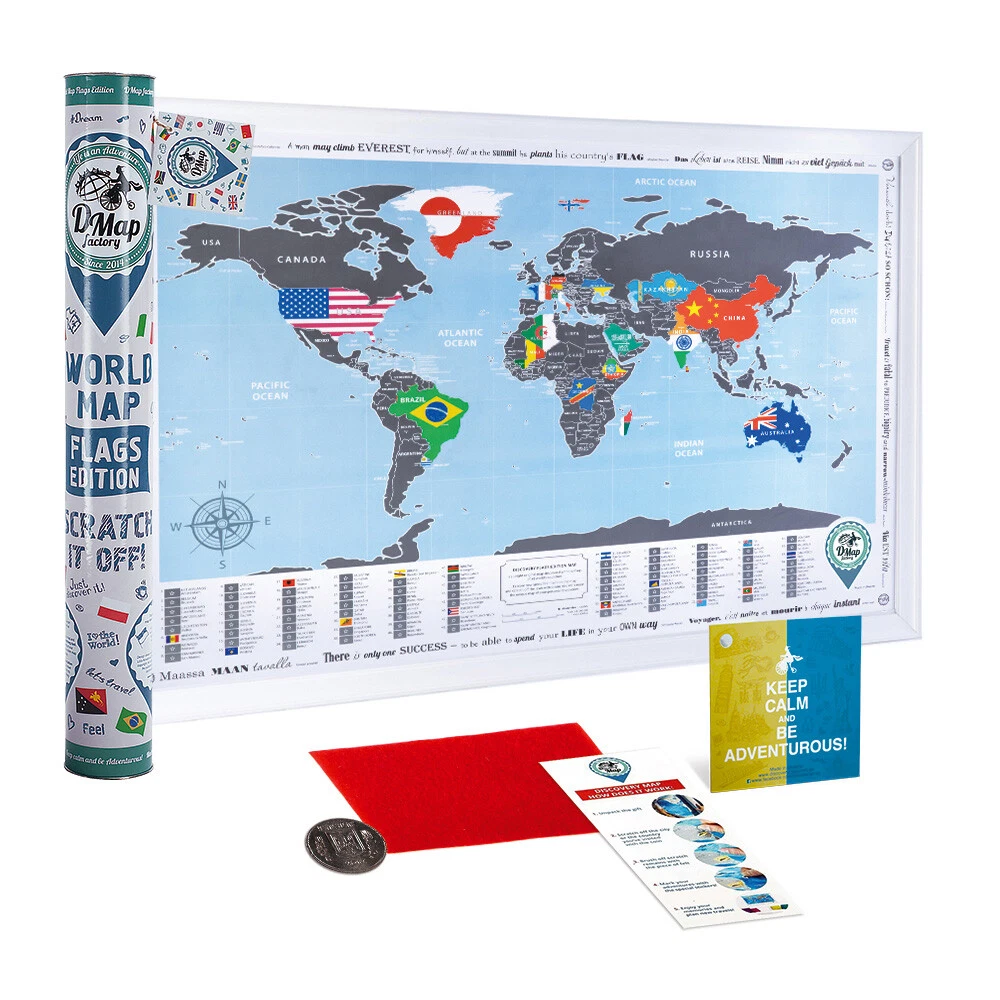 BIG SILVER SCRATCH OFF TRAVEL WORLD MAP FLAGS EDITION MAP PUSH PIN WALL  POSTER