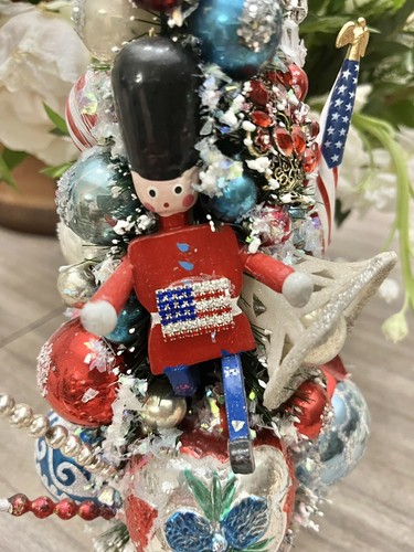 12 1/2” Patriotic Bottle Brush Tree Glass Ornaments Jewels Flags Red White Blue - Picture 10 of 18