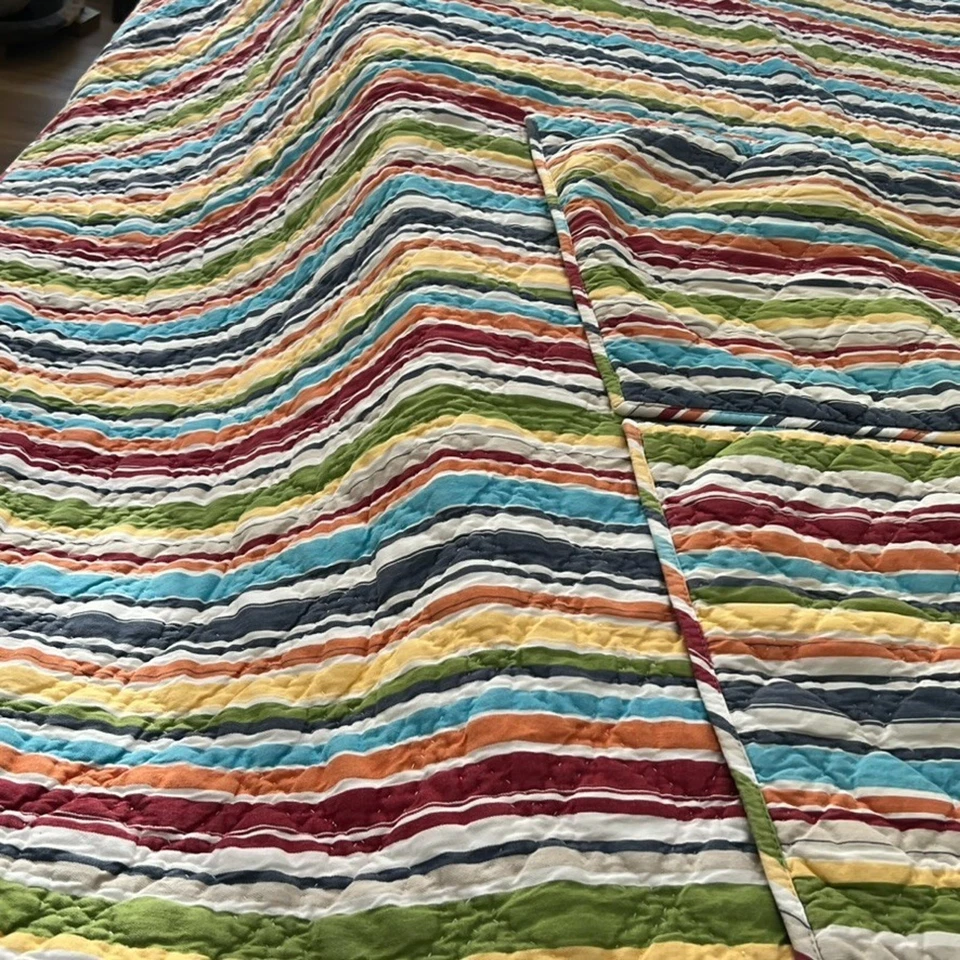 Edredón Pottery Barn con funda de almohada completo/queen colorido a rayas 100 % algodón Foto 2 de 4