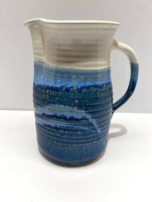 Vintage Handmade Studio Pottery 8 1/4'' Pitcher Blue & White Drip Glaze Signed