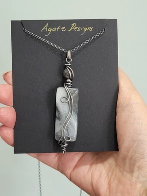 Rectangular Marble Wirework Semi-precious Pendant On Sterling Silver 925 Chain - Image 1 of 4