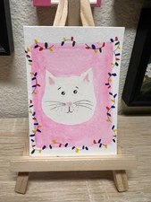 ACEO Original, Abstract Animal Cat, Christmas ACEO, Mini Art Painting