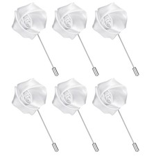 6Pcs Rose Lapel Pin for Men Satin Flower Lapel Pins Pure White