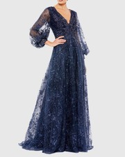 Mac Duggal 20283 Embellished Plunge Neck Puff Sleeve Gown Sz 18 Midnight $798