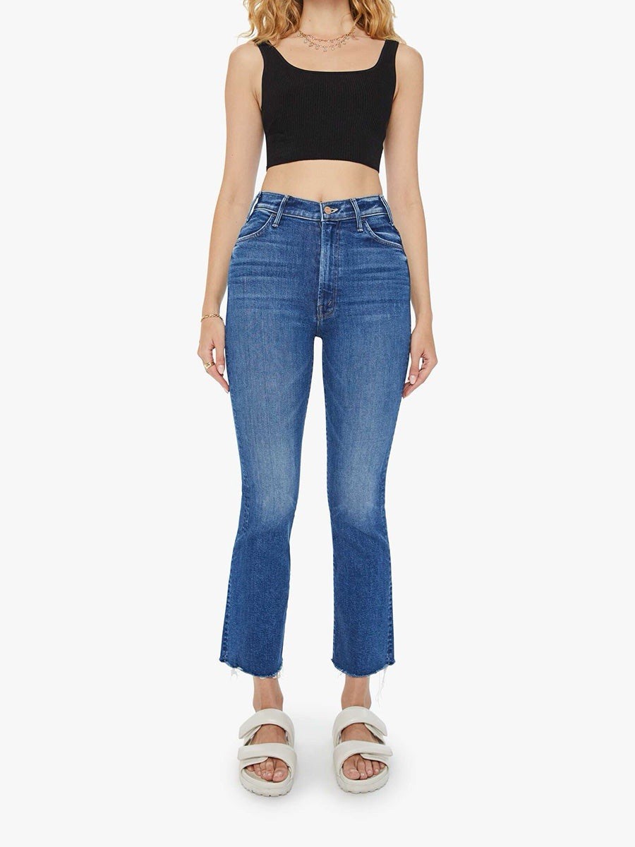 Mother The Hustler Ankle Fray High Rise Distressed Cropped Blue Denim Jeans