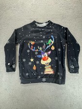 Christmas Reindeer Sweatshirt Mens XL Black Snowflake Holiday Whimsical Pullover