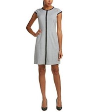 Tahari Agatha Sheath Dress Light Gray Black Trim Career Professional Sz 4 Womens