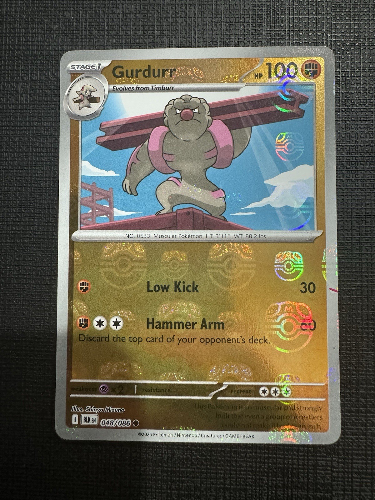 Pokemon Black Bolt English Gurdurr Master Ball Holo 048/086 NM